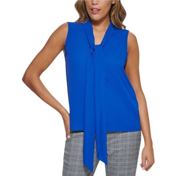 Calvin Klein Tops - Calvin Klein Tie Neck Sleeveless Blue Blouse Size Small